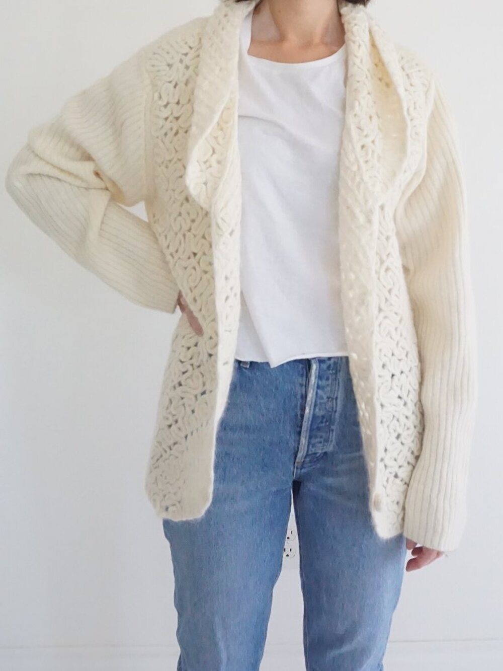 Vintage Coldwater Creek Cream Loop Knit Wool Blend Long Cardigan Cottagecore XL